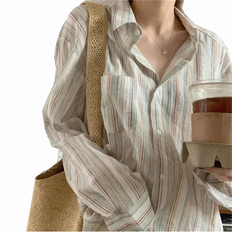 Vintage Striped Shirts Women Korean Fashion Simple Long Sleeve Turn Down Collar Blouse Office Lady Casual Loose Thin Tops 240823