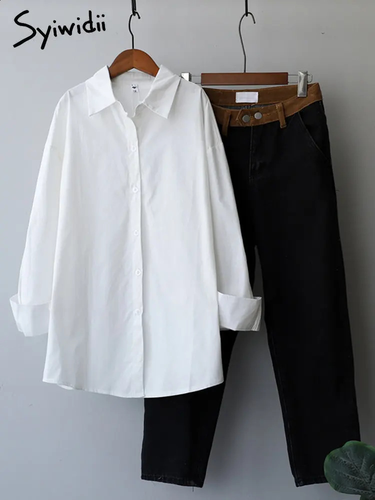 Syiwidii Shirt Women Long Sleeve Blouse Cotton 100% Casual Blue White Turn Down Collar Button Up Shirts Oversized Tops 240823