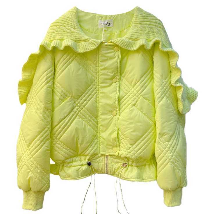 Women's Down Parkas KUSAHIKI New Autumn Winter Warm Woman Parkas Fashion Knitted Ruffled Collar Swt Jacket Women Korean Drawstring Parka Coat Y24