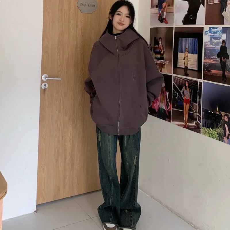 Silver Fox Velvet Autumn/Winter Double Loop Zipper Hoodie Sweatshirt Mens and Womens Loose Versatile Coat Trendy WF 240824