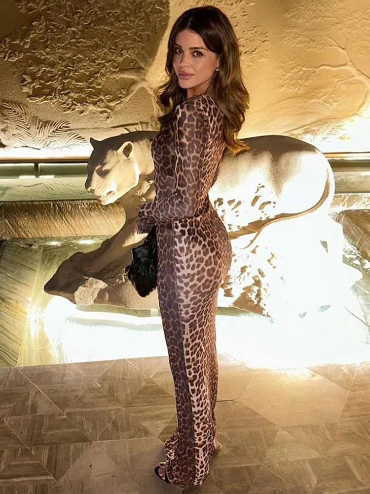 Women Summer Leopard Print Mesh Dress Streetwear Fashion Sexy O-neck Long Sleeve See-through Slim Holiday Party Dresses 240823