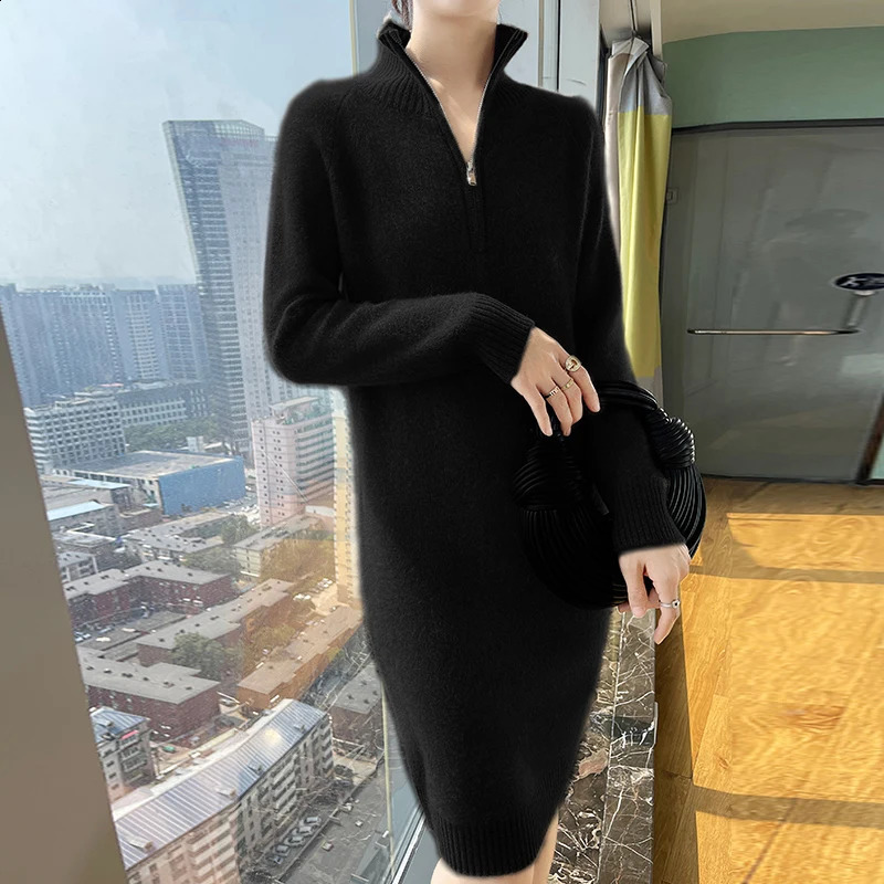 Fall/winter lapel 100 wool long solid color dress womens loose over-the-knee wool long-sleeved knitted bottoming skirt 240824