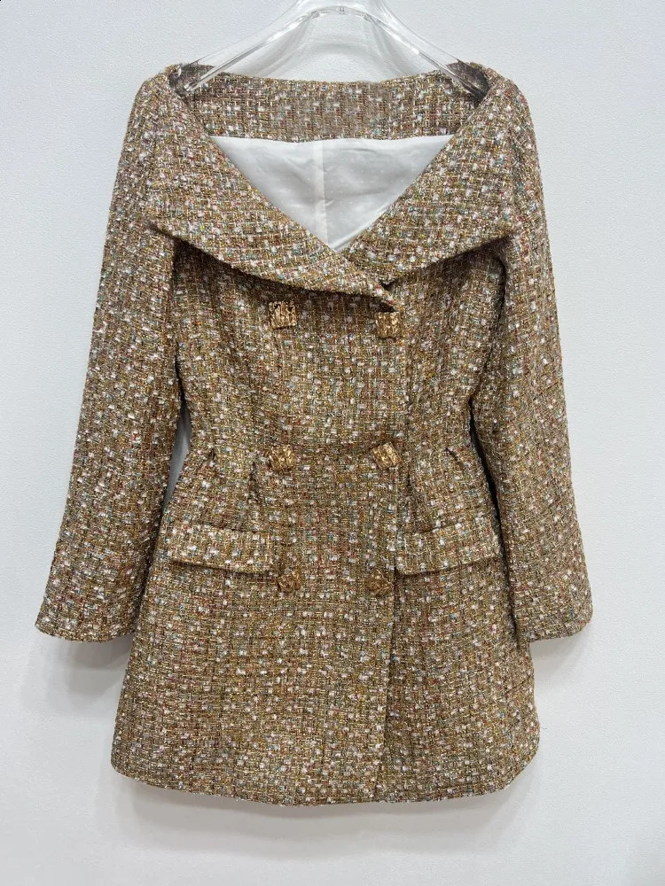 Autumn Female Tweed Gold Buttons Elegant Long Sleeve Robes Womens Sexy Off-Shoulder Long Sleeve Mini Dress 240824