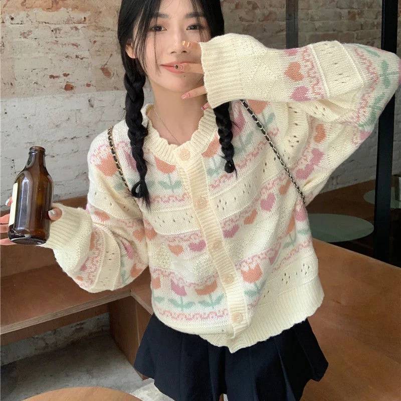 Rimocy Sweet Flower Knit Cardigan Women Autumn Winter Single-Breasted Warm Sweaters for Woman Korean Style Long Sleeve Cardigans 240814