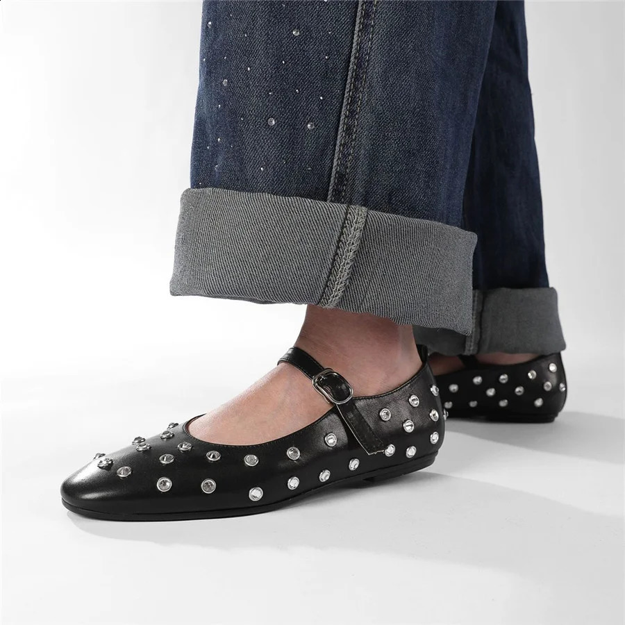 2024 Rivet Womens Ballet Apartment Black Dance Shoes Womens Shoulder Straps Mary Janes Comfortable Outdoor Loafers Flat Espadrillles 240823