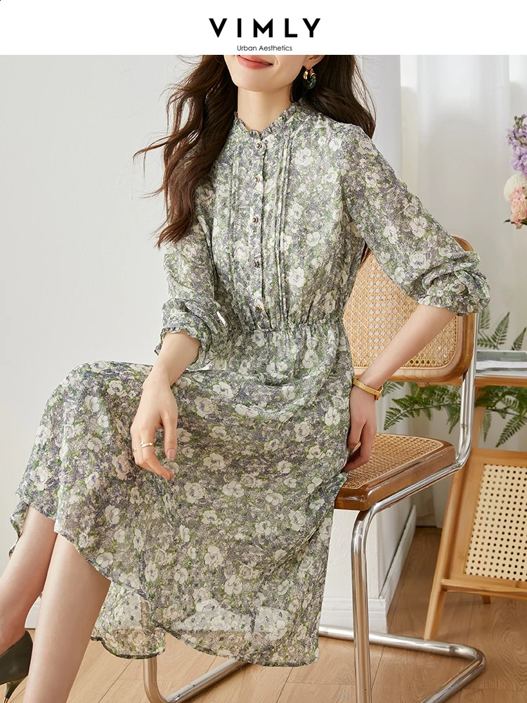 Vimly Elegant Vintage Chiffon Dresses for Women Elastic Waist Ruffled Collar Long Sleeve Midi Party Print Floral Dress 240824