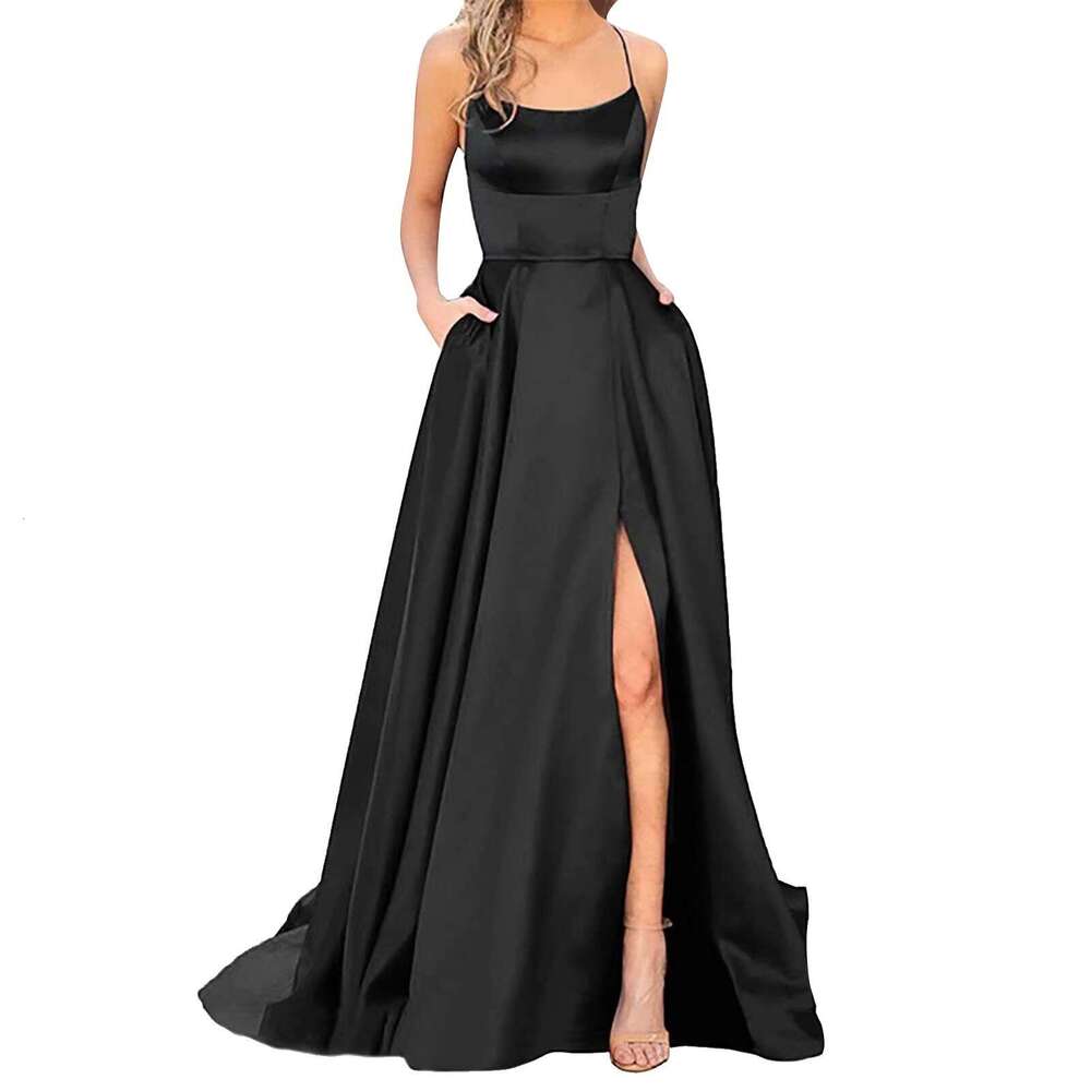 Prom Weddings Women Backless Long Dresses Satin Spaghetti Party Plus-Size Elegant Side Slit Formal Dress