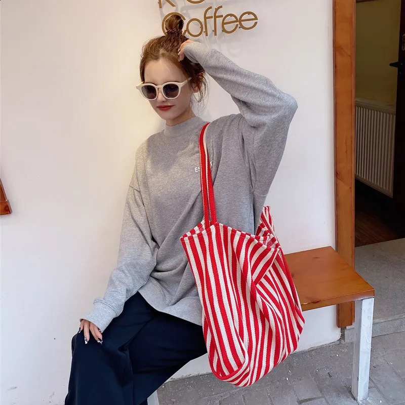 Large capacity canvas womens shopping bag simple striped shoulder casual multifunctional travel handbag 240823