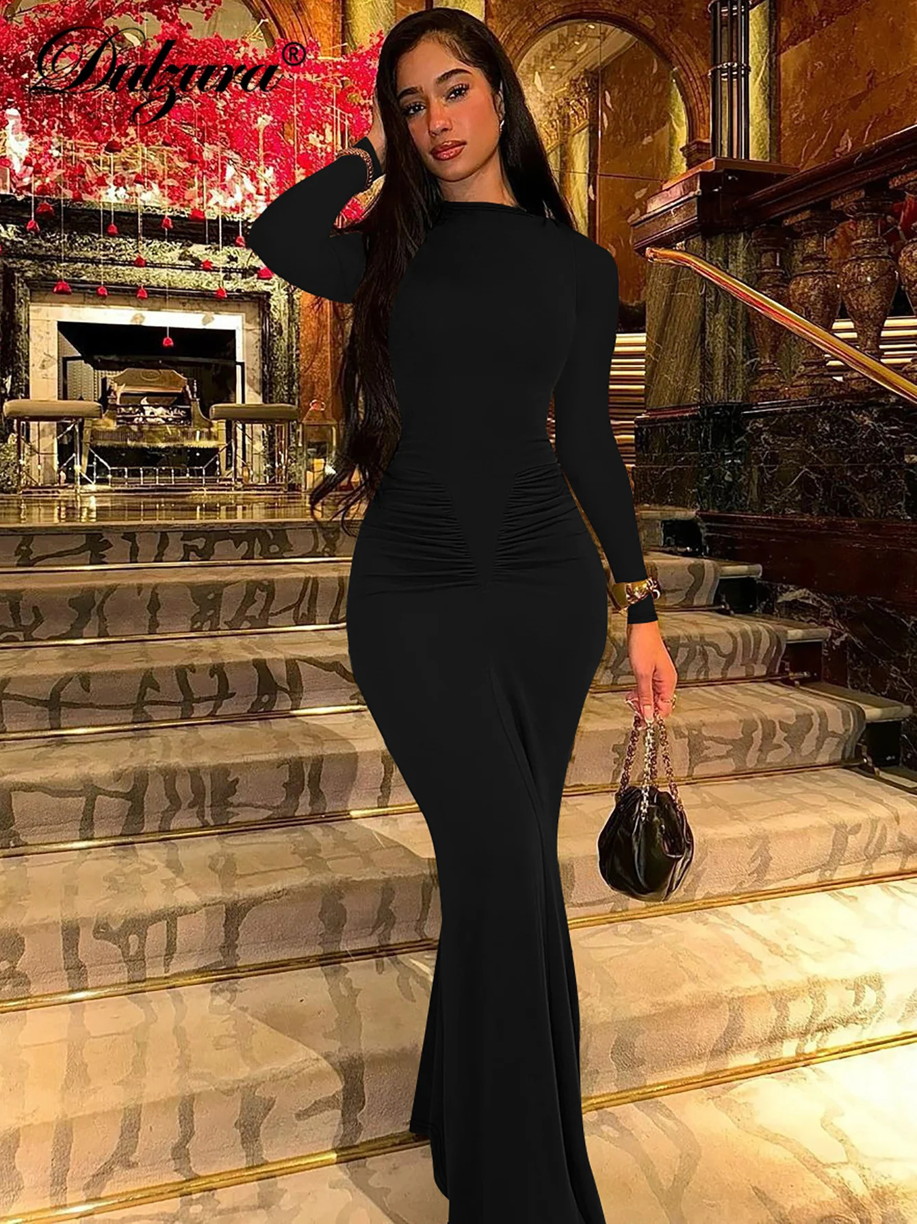Dulzura Elegant Solid Maxi Dress Long Sleeve Bodycon Ruched Women Clothes Lady Cocktail Evening Party Dresses Y2K Wholesale 240823