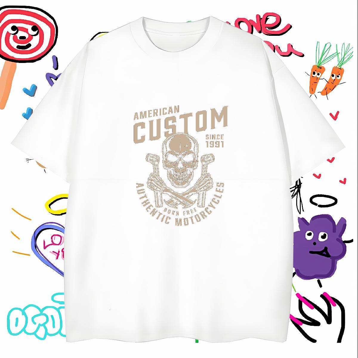 Loose Man T Shirts 100% Cotton 230g skull Street Wear DIY Logo Oversized Round Neck Short Sleeve Men Tops Tees 2024 Summer Top Tees