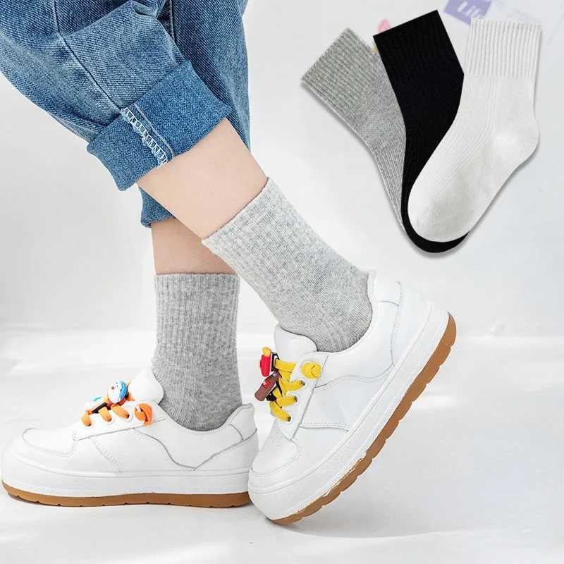 5 Pairs Pure Cotton Children Boy Socks Black White Grey Solid Color Unisex Breathable Sports School Socks Baby Girl Calf Socks CL240824