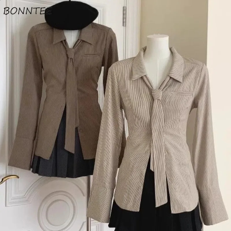 Retro Shirts Women All-match Autumn Winter Clothing Inside Striped n Turn-down Collar Fashion Long Sleeve Single Breasted 240823