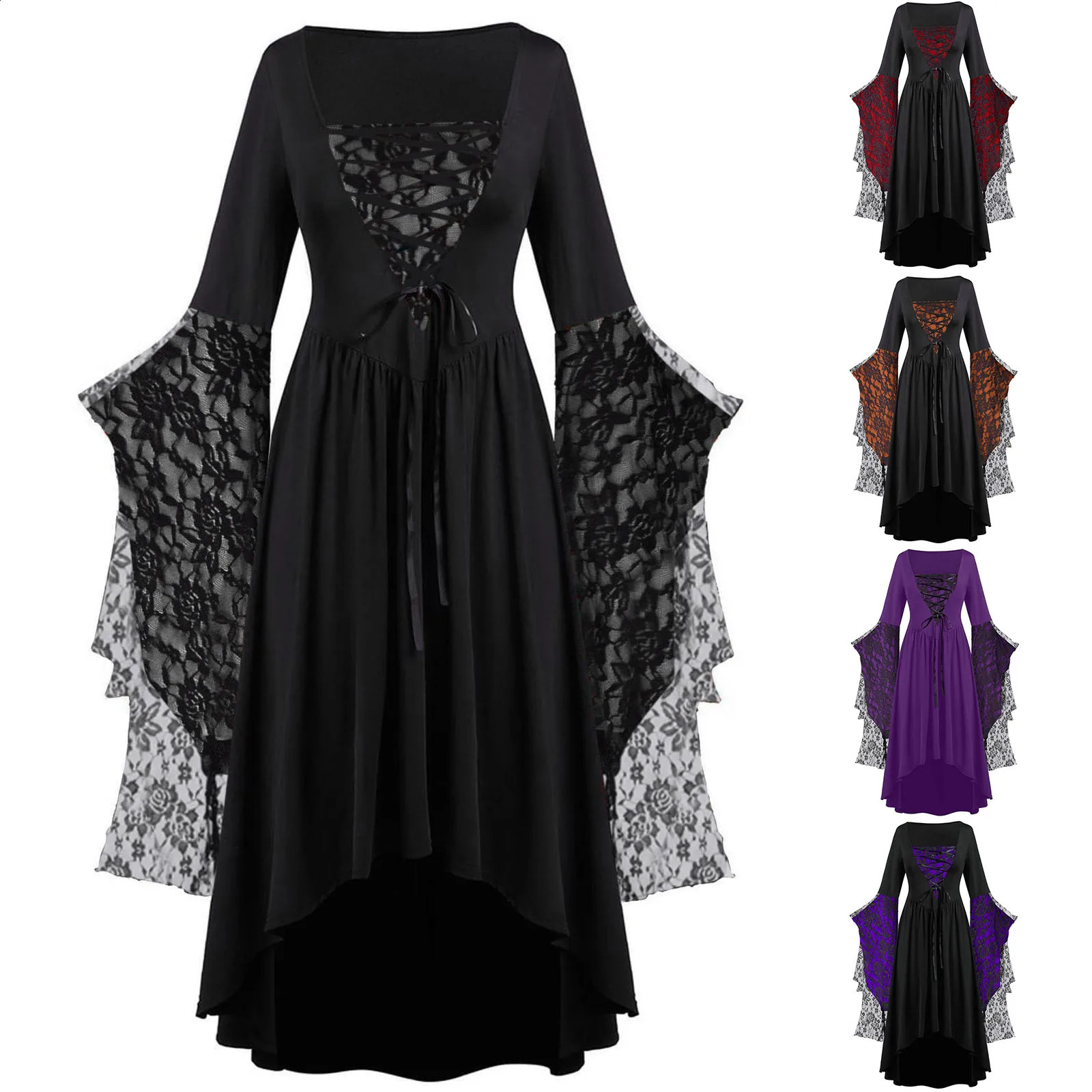 Gothic Halloween dress for women retro witch carnival party trumpet sleeve long plus size w240824