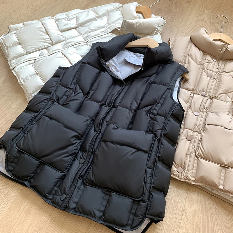 Janveny autumn and winter womens ultra light vest 90% duck down jacket standing collar sleeveless inflatable 240823