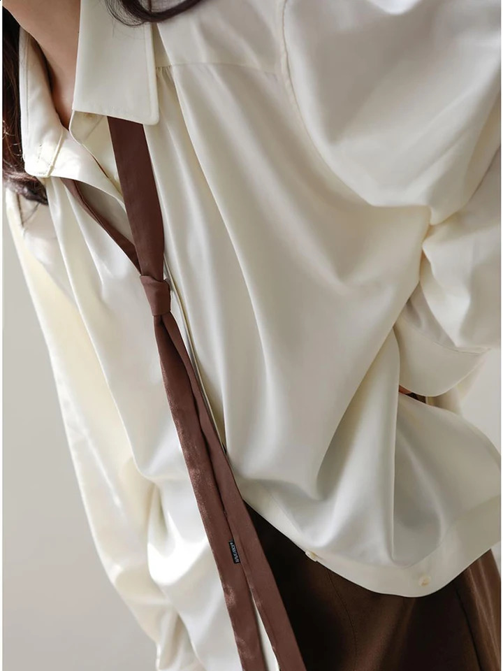 Summer Elegant Long Sleeve Shirt Women Korean Solid Tie Chic Button Blouse Loose Harajuku All Match Office Ladies Simple Tops 240823