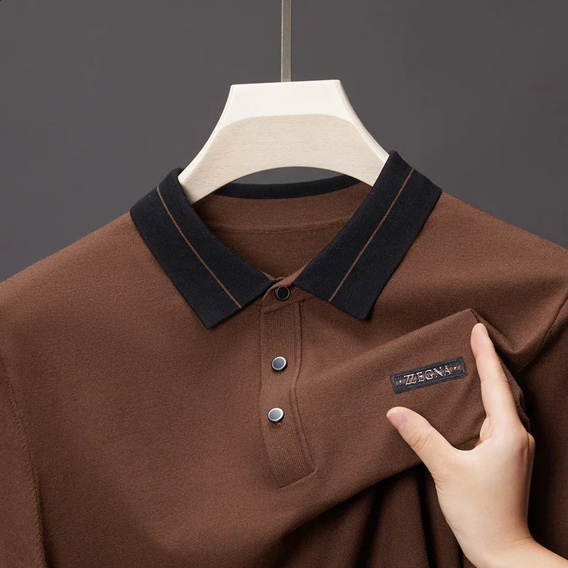 Spring and autumn retro contrast color lapel T-shirt mens business casual long-sleeved all-match polo shirt 240824