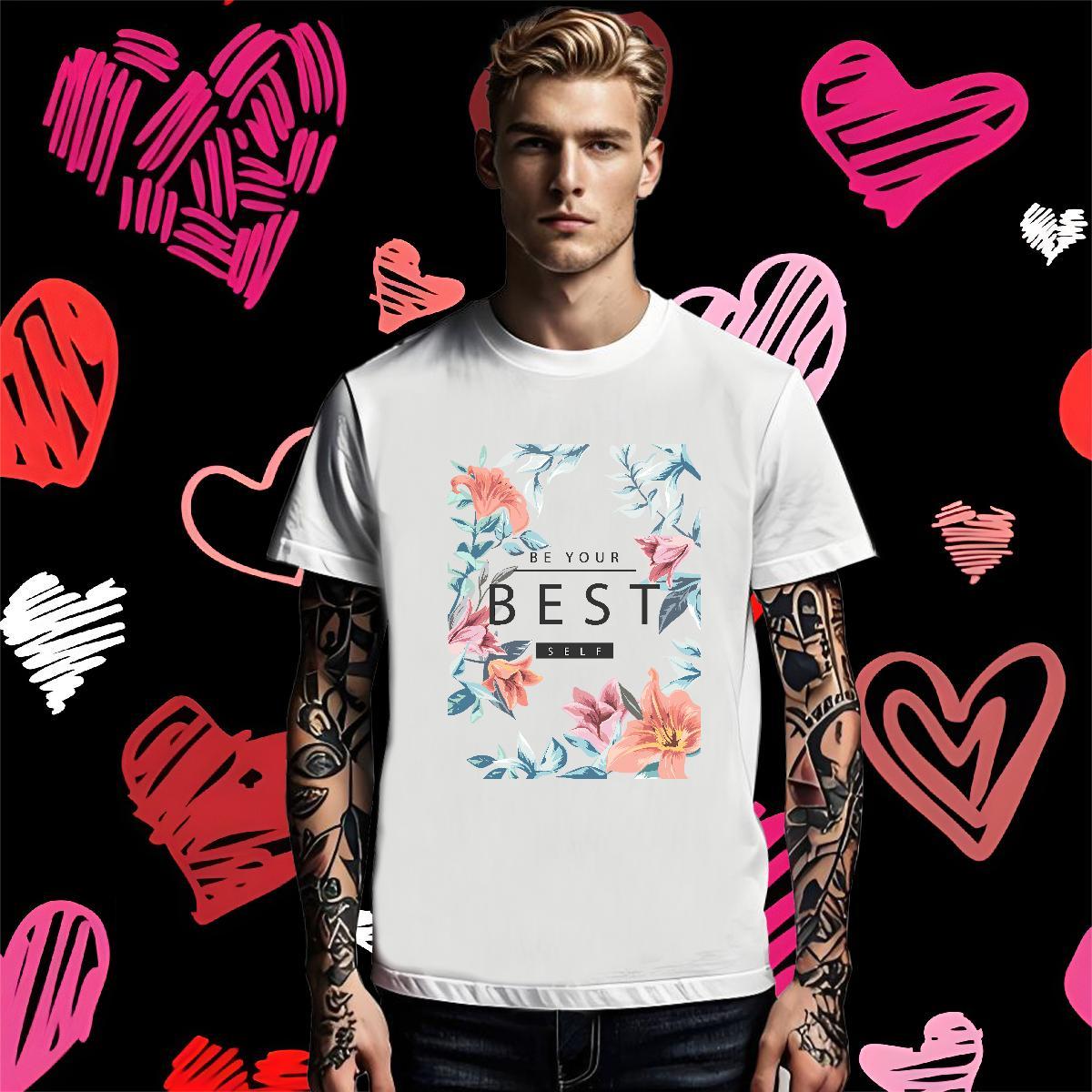 2024 Summer Men Clothes T-Shirt flower Casual 230g Cotton Tops Breathable Short Sleeve Brand Mens T Shirts Black White