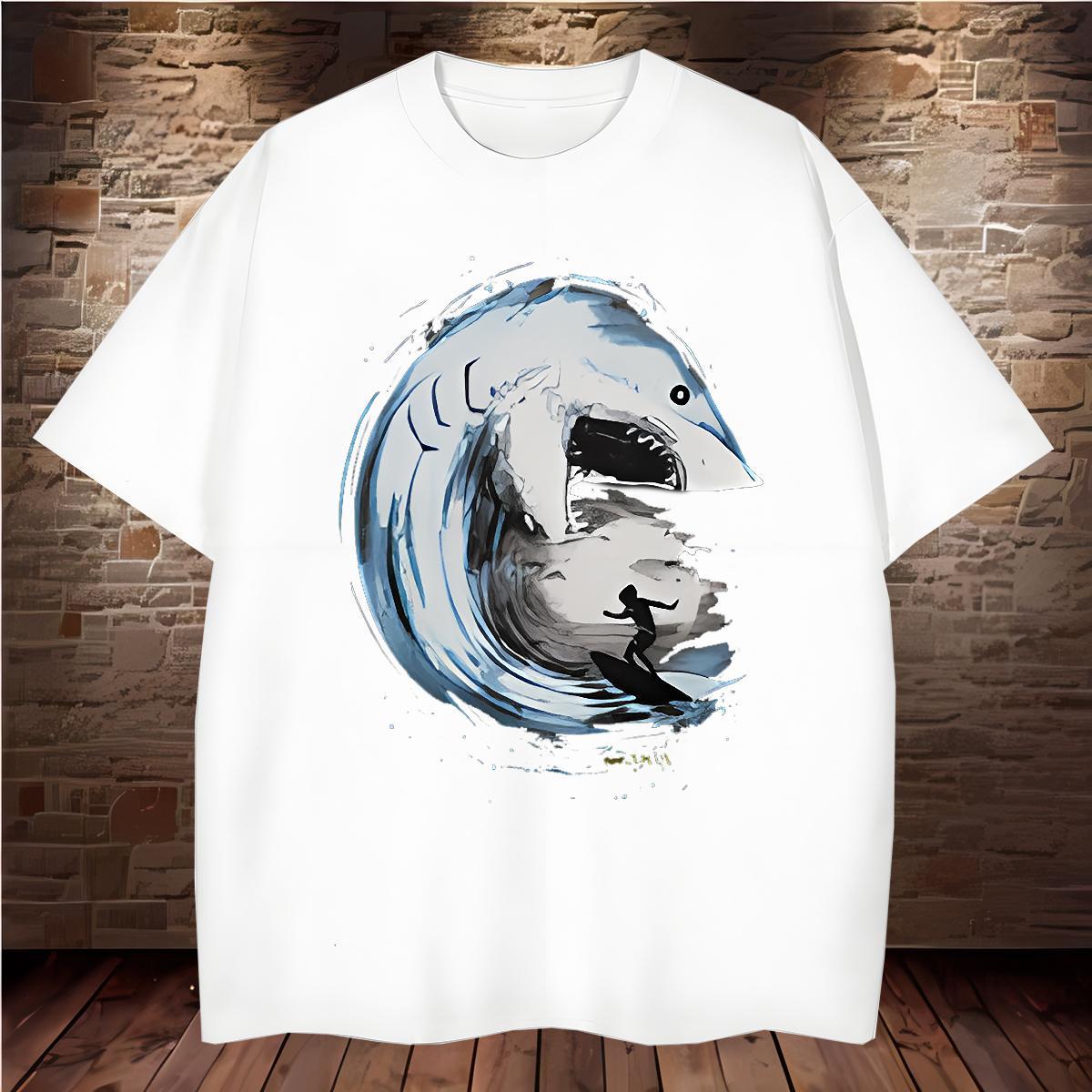2024 Tshirts shark Daily Outfit 230g Cotton Clothes O-Neck Short Sleeve Loose Fit T-Shirts for Men Customized