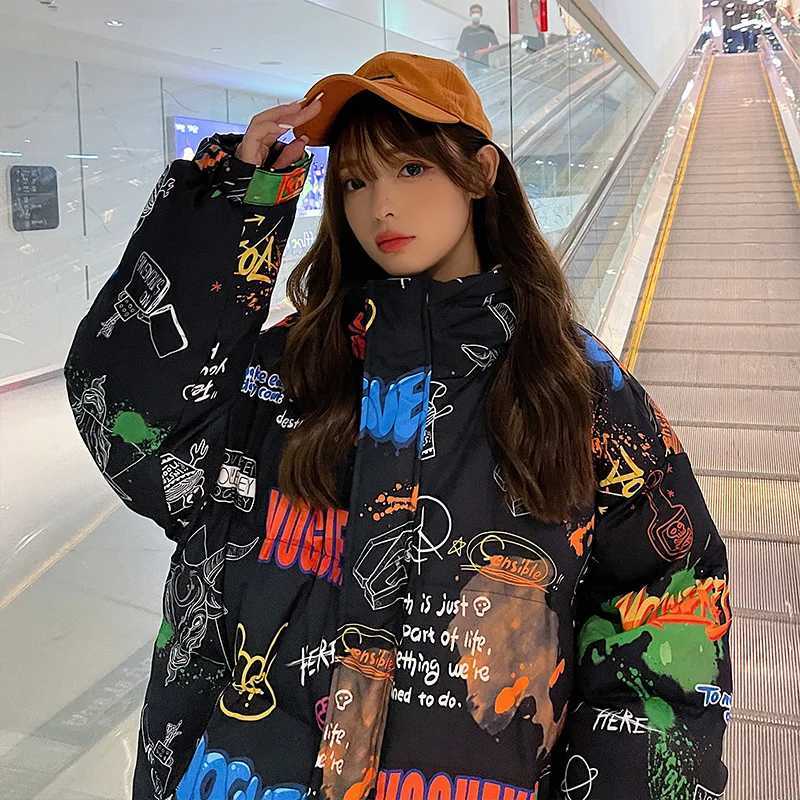 Women's Down Parkas Fashion Y2K T-shirt Printed Hooded Puff Jacket Womens Kavay Cartoon Casual Zipper Jacket Womens Winter Thick Warm Jacket Y240