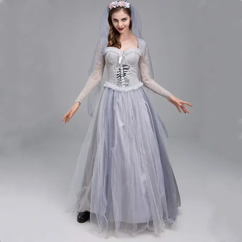 Duo Lady Corpse Bride Costume Classic Long Horror Mexican Zombie Role Playing Carnival Halloween Fancy Party Dress 240823