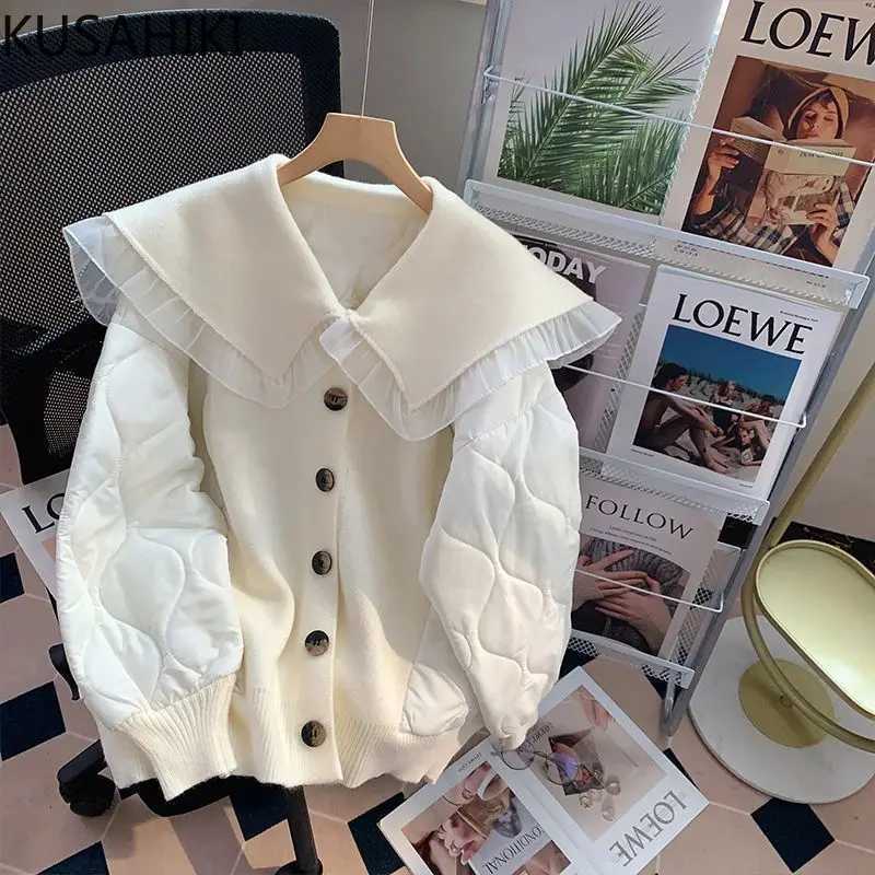 Women's Down Parkas KUSAHIKI Causal Peter Pan Collar Sweater Patchwork Winter Jacket Women Parka Coat Causal Long Slve 2023 New Cardigan Jackets 