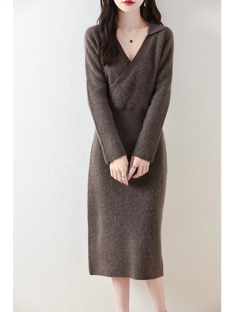 Womens Pure Wool Knitted Long Dress Waist Lapels Loose Elegant Casual Fashionable Sweater Autumn/Winter 240824