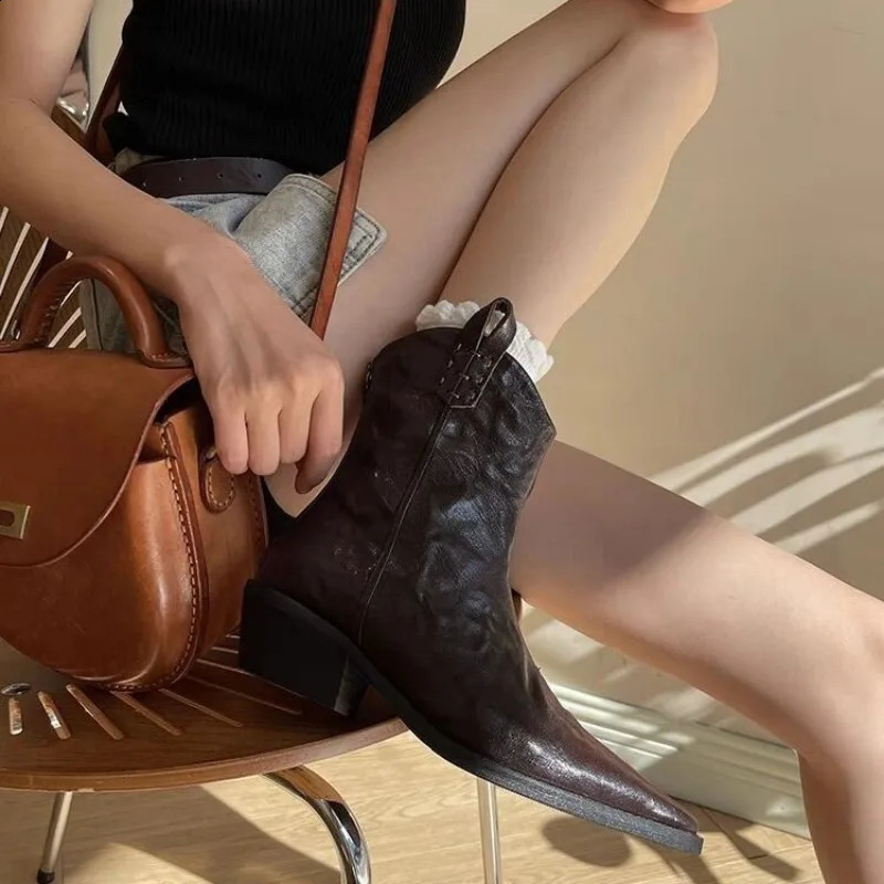 Retro Brown Western Womens Cowboy Boots with Mid Heel PU Leather Ankle Boots for Women 2024 Autumn Winter Knight Nude Boots 240823