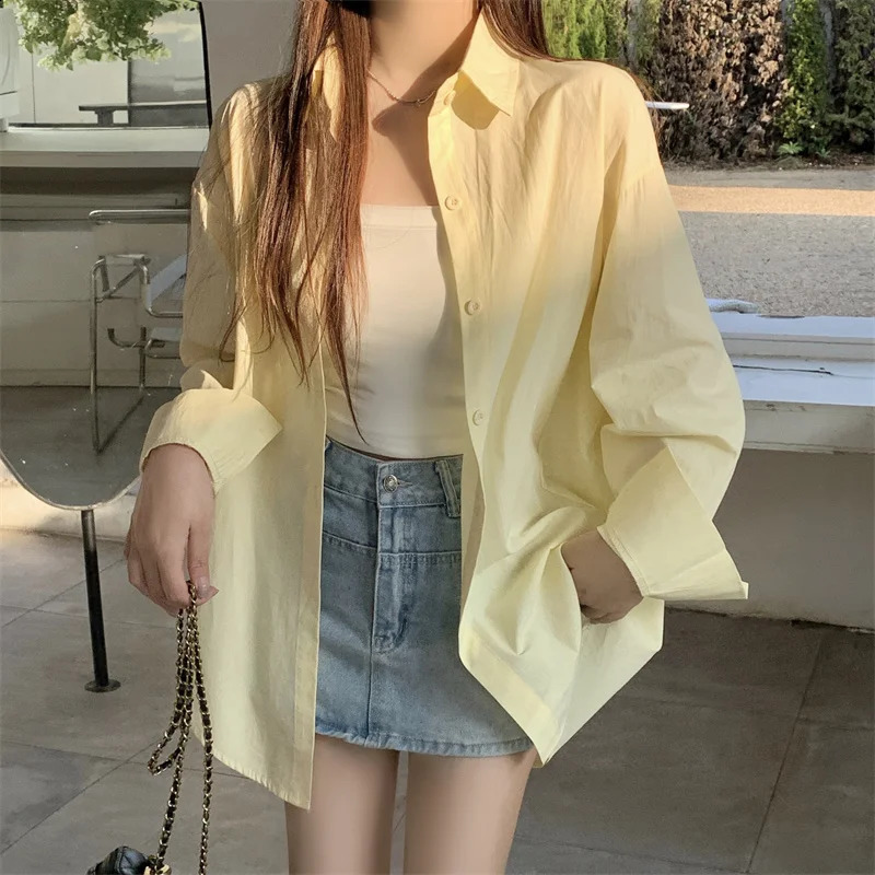 Basic Shirt for Women Long Sleeve Button Down Collared Loose-fit Plain Parisian White Shirt Spring Summer Chic Tops Outfit 240823