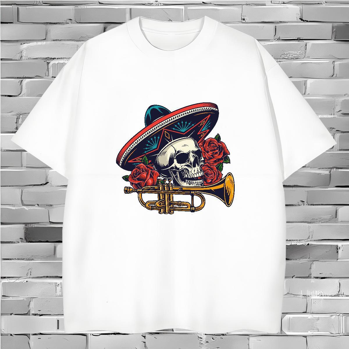 Loose T Shirt For Man 230g 100% Cotton skull Street wear Hip Hop Black Oversized Breathable Crew Neck Tshirts DIY Customized Polos