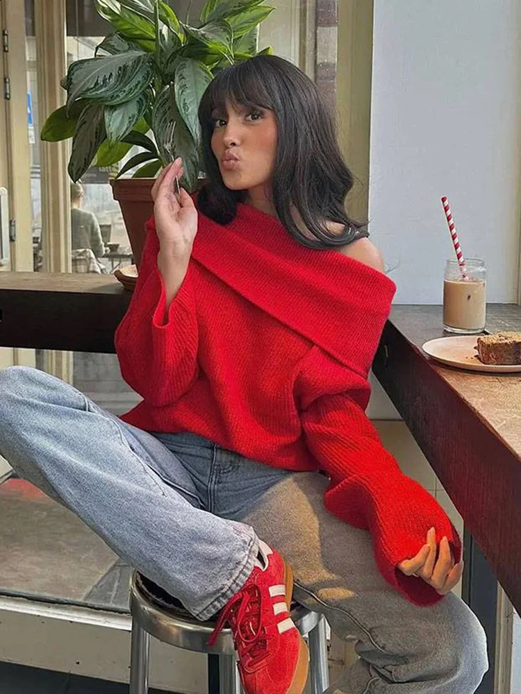 Womens Fashion Off Shoulder Sweaters Casual Long Sleeve Solid Slim Fit Pullover Autumn Female Sexy Folding Knitted Tops TRAF 240824