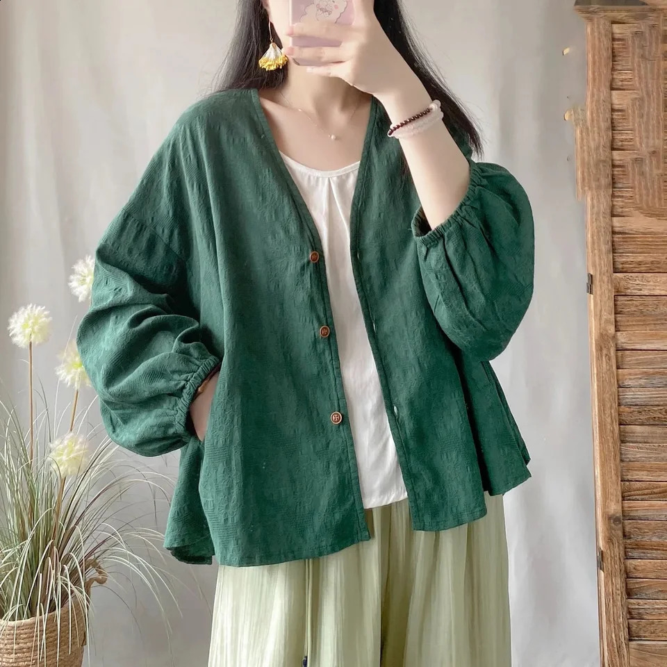Loose Cotton Linen Women Summer Top Sun Protection Clothing Outdoor Match Artistic Long Sleeve Shirt Air Conditioning Tank Top 240823