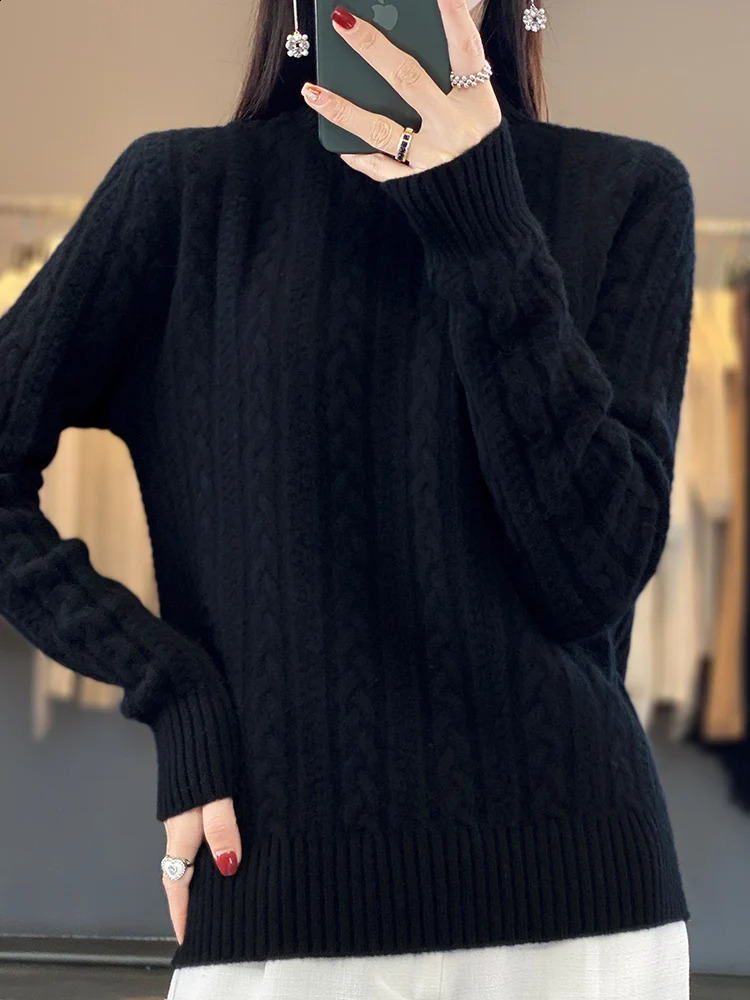 100% Wool Knitted Pullover Womens Semi-Turtleneck Long-sleeve Sweater Fashion Jacquard Warm Tops Thick Female Jacket Autumn 240824
