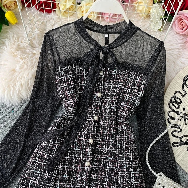 Lace Up Dress Waist Down Single Breasted Women Black Dresses Patchwork Long Sleeve Ruffle Tweed office ladies Dresses 240824