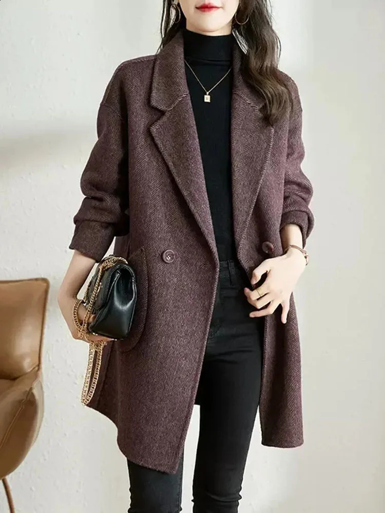 Elegant lapel loose wool jacket top womens casual long sleeved blend blue Korean fashion solid medium length Abrigos 240823