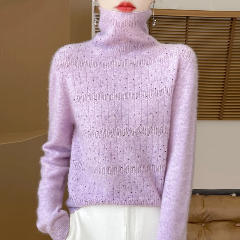 Womens Pullover Autumn/Winter 100% Pure Wool Sweater Casual Solid Knitted Sweater Turtleneck Loose Tops Fashion Hollow Blouse 240824