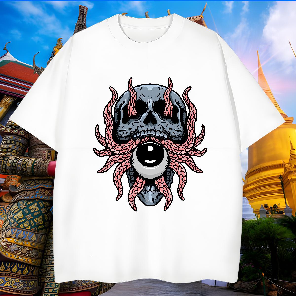 Wholesale T Shirts Men 230g Cotton skull Street Casual Cartoon Printing L-4XL Breathable Soft Men Tees Fashion Design Tshirts