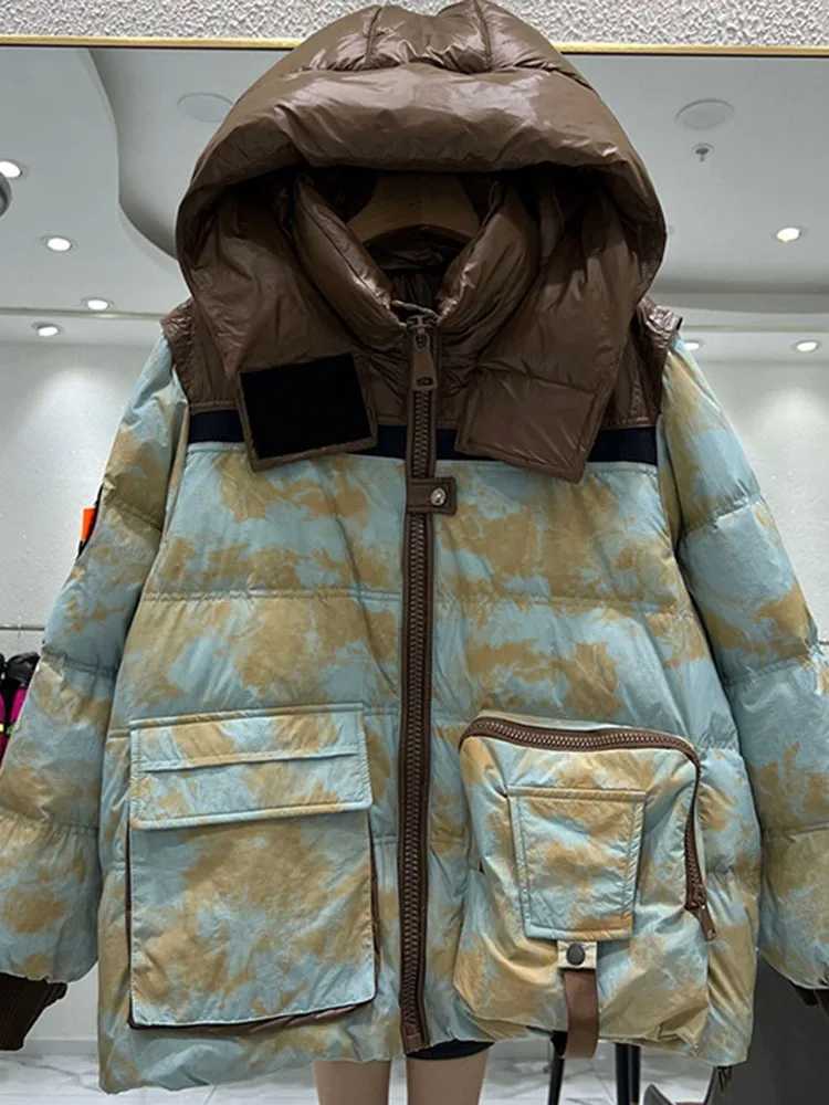 Women's Down Parkas Outerwear Winter Warm Hooded Short color matching Women Down Jacket New 90% White duck down Loose camouflage Womens Puffer Co