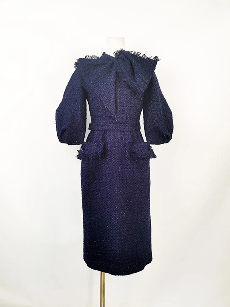 DEAT Womens Fashion Tweed Dress O-neck Short Puff Sleeve Burr Bow Belt Pocket Elegant Casual Dresses Winter 13DB3713 240824