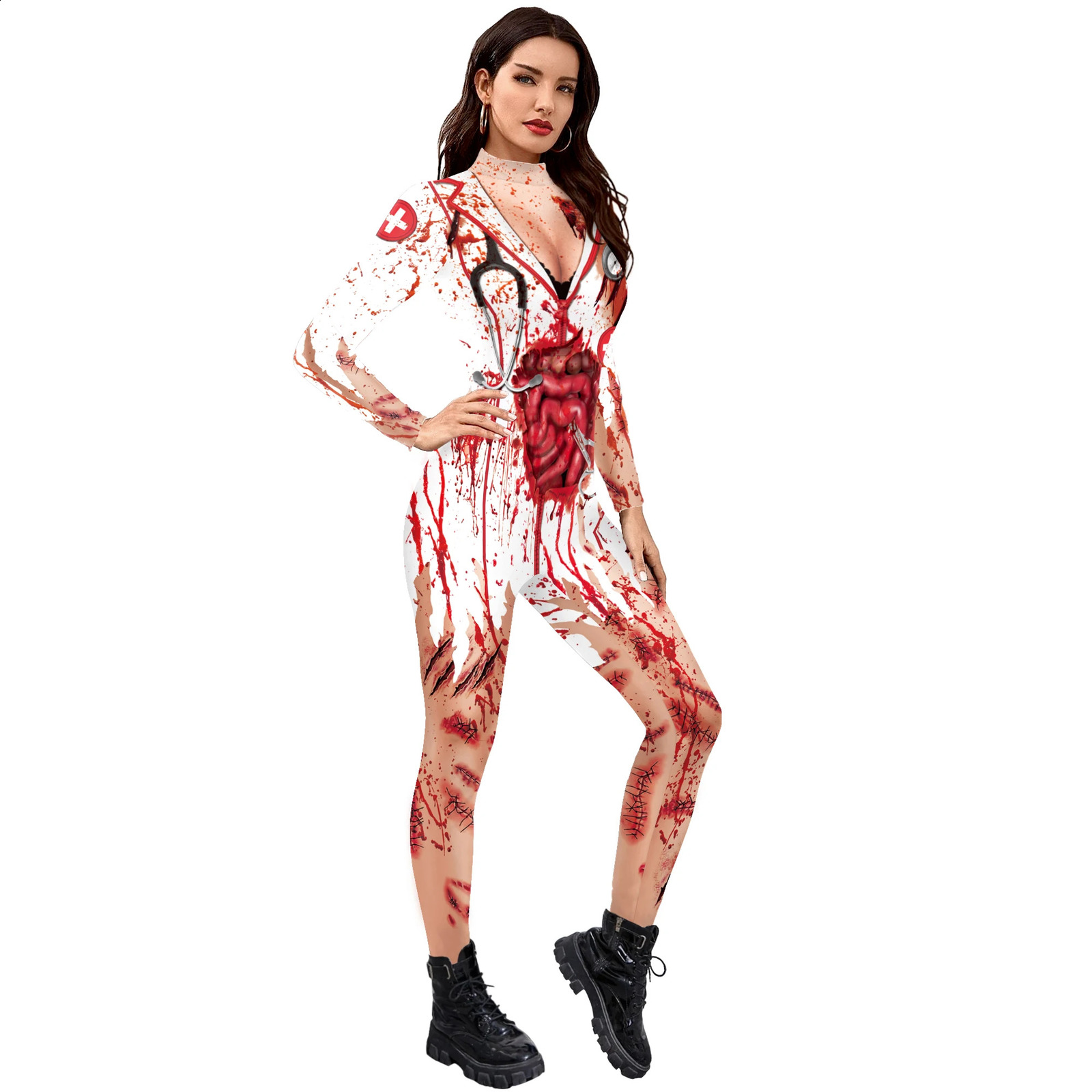 Halloween female cosplay terrifying blood scar printed nurse uniform sexy slim tight fitting Zenti party costume 240823