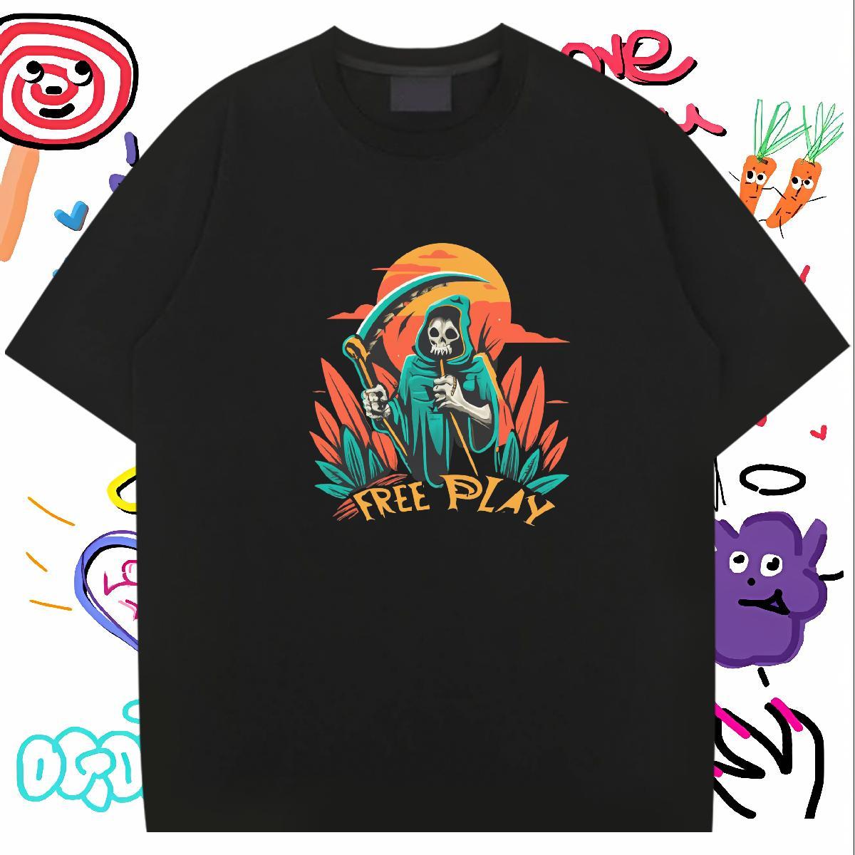 Comfortable Mens T Shirts 230g Pure Cotton skull Daily Outfit Cartoon Print Breathable Crew Neck Men Tops Tees DIY Clothes