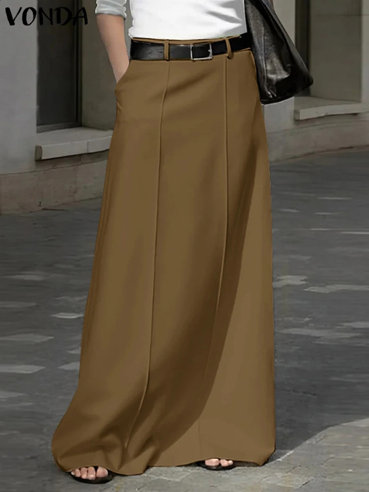 Plus Size VONDA Elegant Long Skirts Women Fashion Solid Color Maxi Skirt Pleated Casual Loose Pockets High Waist Vintage Bottom 240823