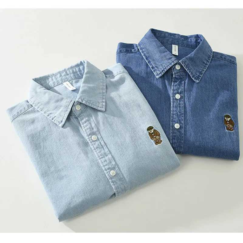 Retro mens denim shirt embroidered bear long sleeved shirt 100% pure cotton casual simple Japanese CamisaW240726