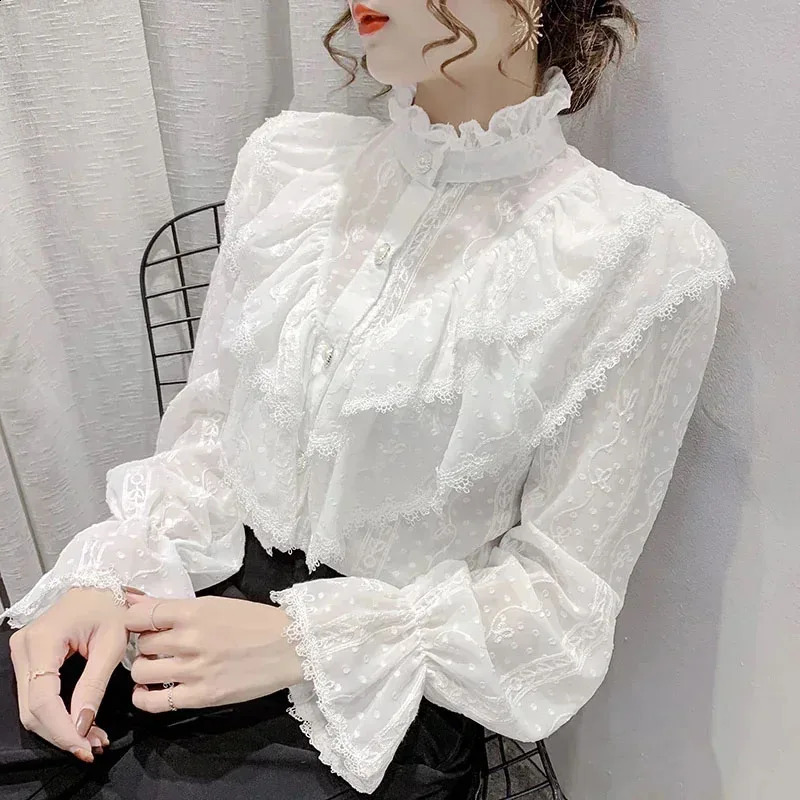 Long Sleeve Loose Spring Fashion Button White Shirt Elegant Stand Collar Pleated Tops Casual Ruffle Lace Blouse Blusas 15832 240823