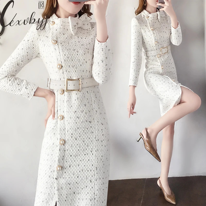 Women Round Neck Dot Print Tweed Dress Korean Long Sleeve Bow Knee-Length Dress With Belt French Runway Elegant Party Dress 240824