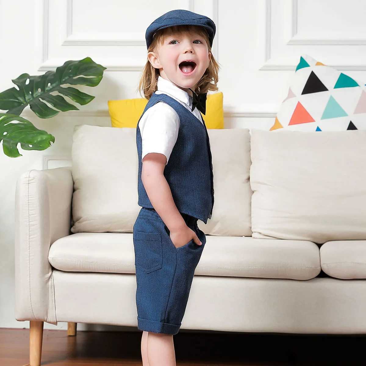 Baby boy costume with hat childrens wedding set baby birthday party baptismal attire gentlemens formal short sleeves 4 pieces W240823