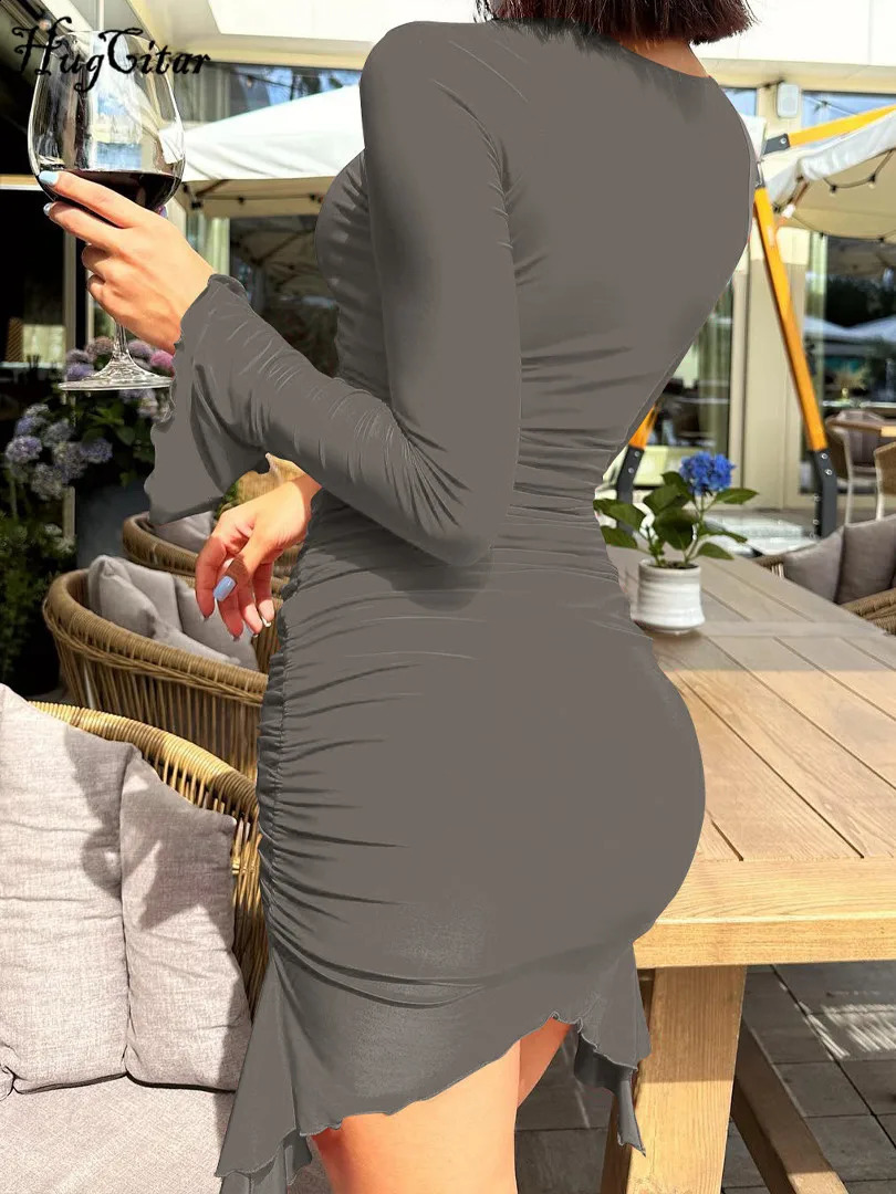 Hugcitar Winter Elegant Solid Long Sleeve Hollow Out Ruched Irregular Sexy Slim Mini Dress Women Y2K Clothes Birthday Christmas 240823