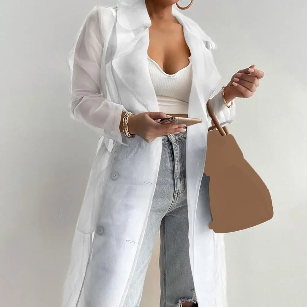 Women Shirt Coat Spring Summer See Through Outdoor Tops Elegant Net Yarn Turn Down Collar Long Trench For Daily Wear 240824 B1