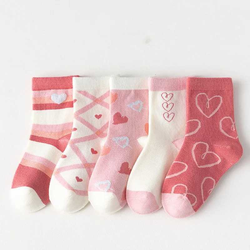 5 Pairs/Lot Kids Soft Cotton Socks Korean Love Heart Flower Print Baby Girl Socks Autumn Winter Warm Children Middle Tube Socks CL240824