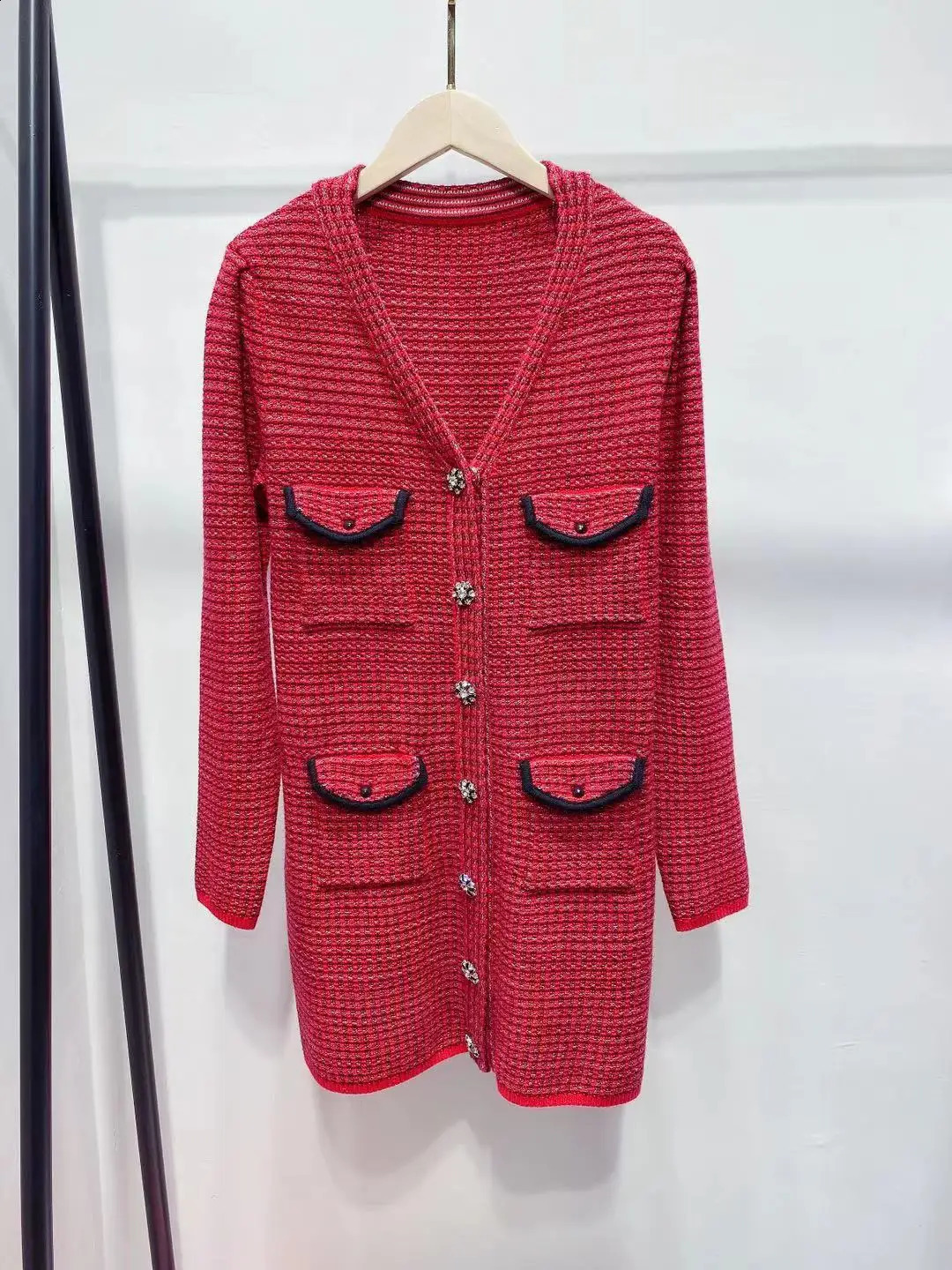 Elegant Lady Red Tweed Dress Vintage Four Pocket Long Sleeve Knit Dress Spring Casual High Waist Woolen Vestidos for Women 240824