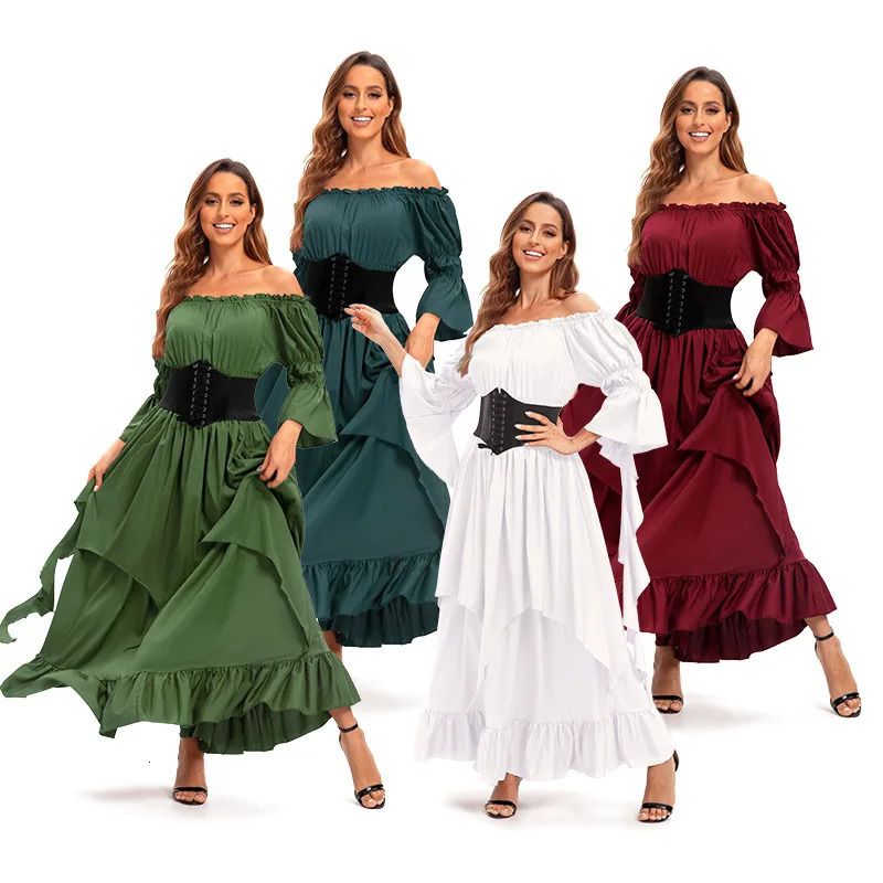 Retro womens shoulder tight corset waist Halloween dress in red black and green w240824